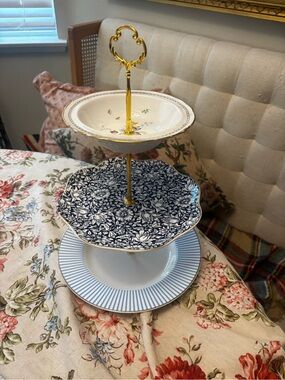 Three-Tier Ceramic Serving Stand in Blue, White and Gold